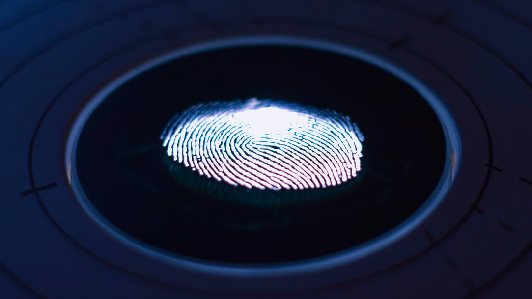 A dark screen with an illuminated fingerprint in the center of a circle