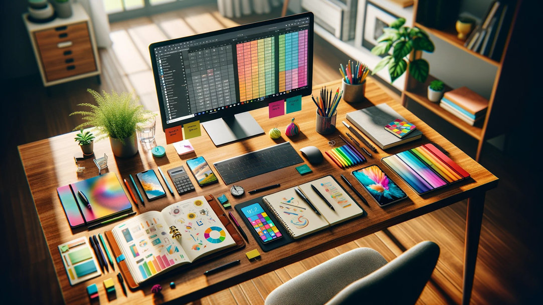 A desk filled with productivity tools in front of a computer