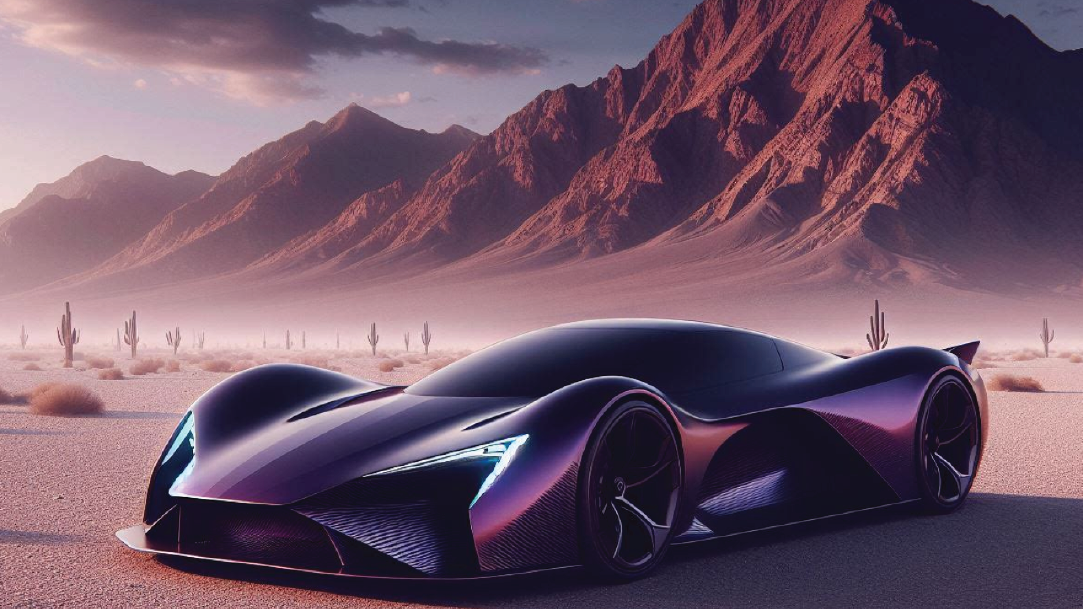 A digital rendering of a purple hyper car in the middle of the desert