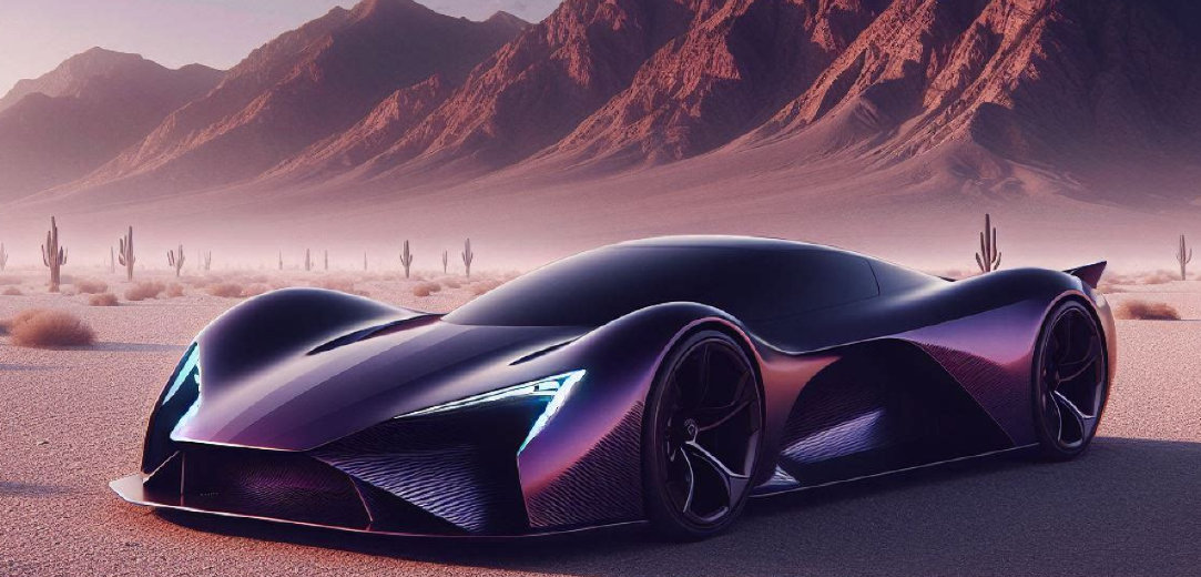 A digital rendering of a purple hyper car in the middle of the desert