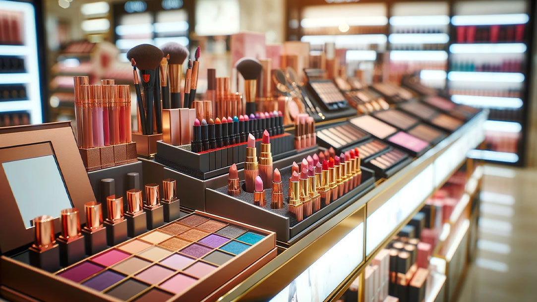 A display of makeup and beauty products on a store counter