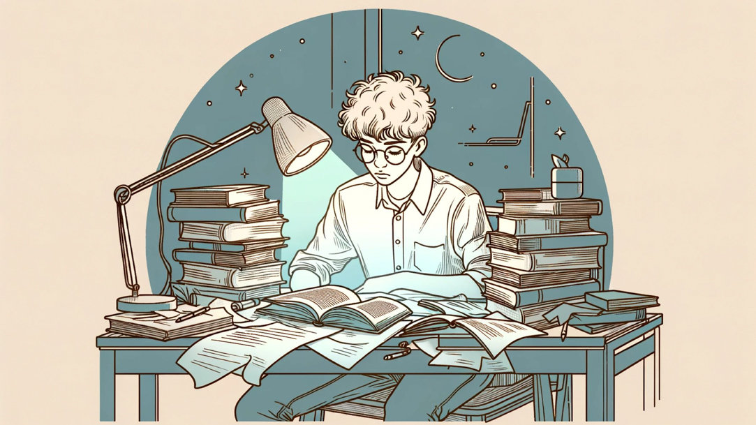 A drawing of a student cramming for finals