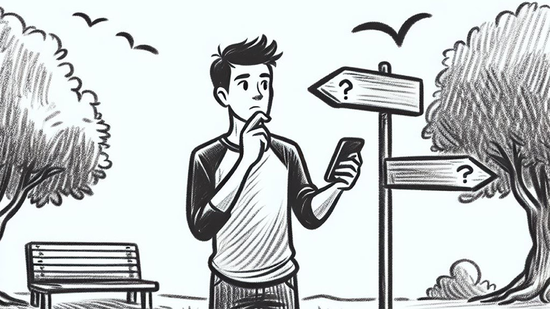A drawing of a young man looking at a phone outdoors near a crossroads