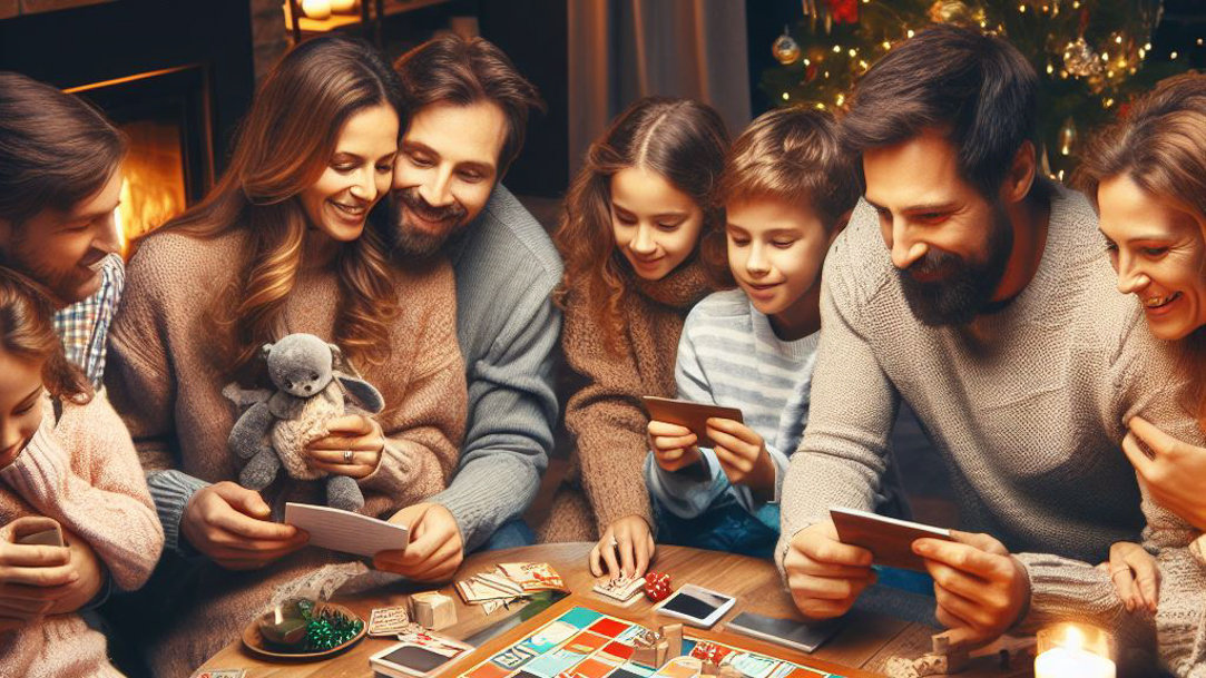 A family playing a board game in a cozy holiday setting