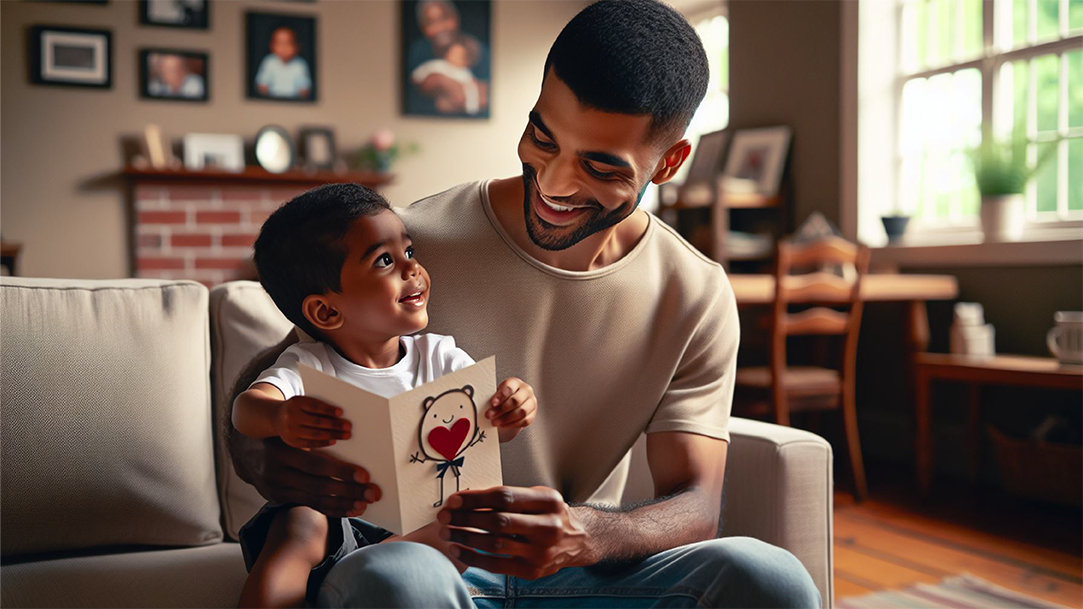 A father holding his child in his lap and smiling while reading a heartfelt Father's Day card