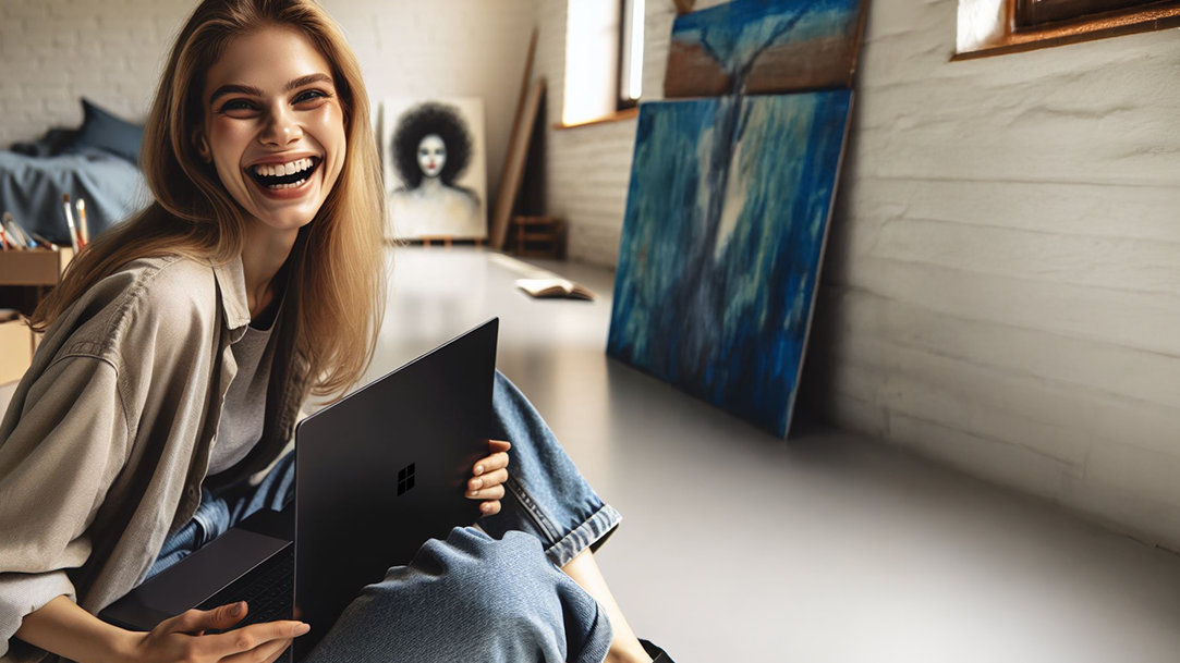 A female artist sitting on the floor with laptop computer