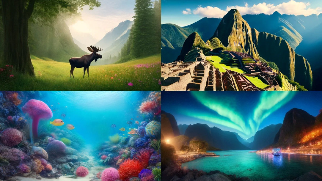A four-panel image including a moose in a field, a rendering of Machu Pichu, a coral reef, and northern lights over a mountain lake