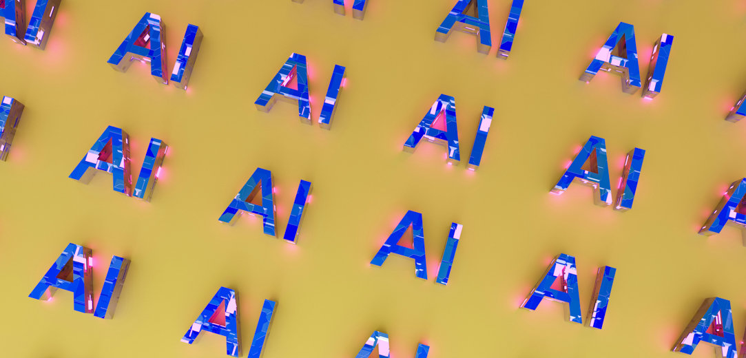 A futuristic 3D rendering of the word AI