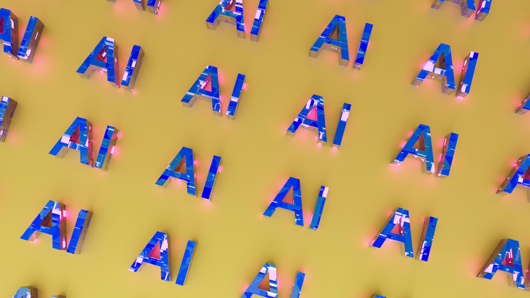 A futuristic 3D rendering of the word AI