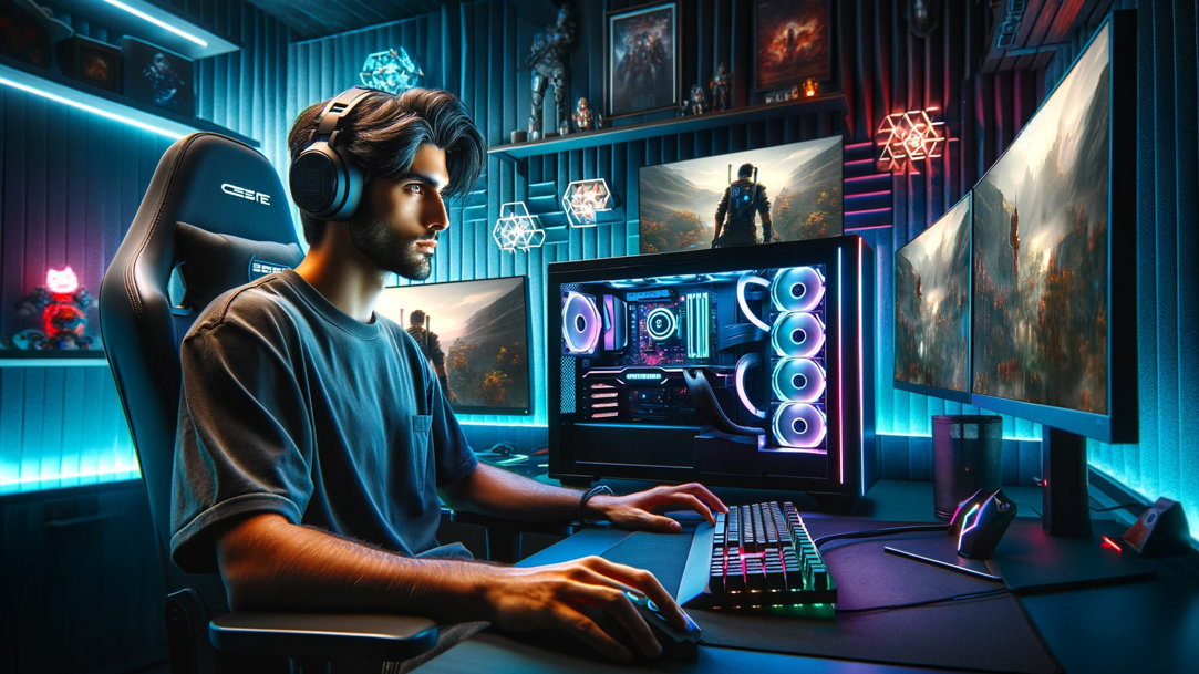 A gamer playing on his computer