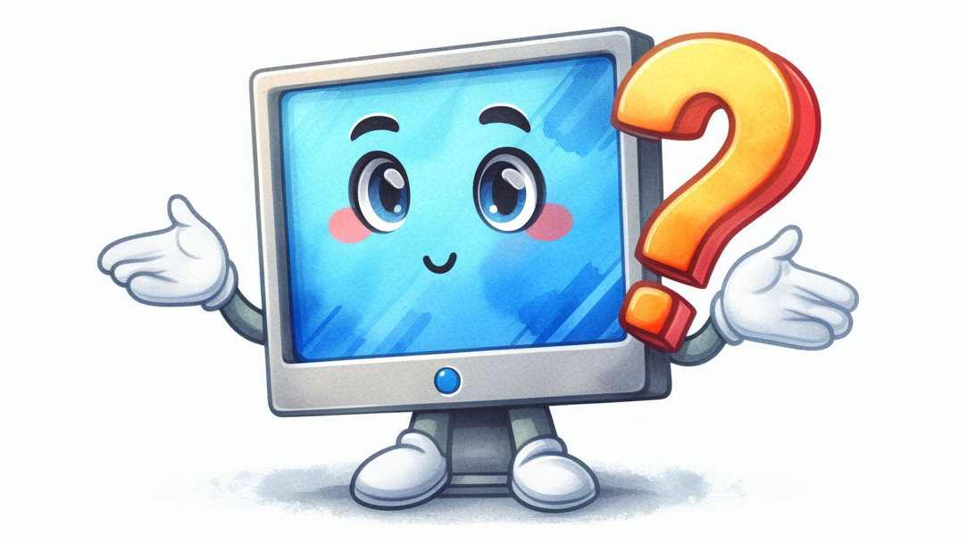 A graphic of an anthropomorphized computer monitor shrugging their arms