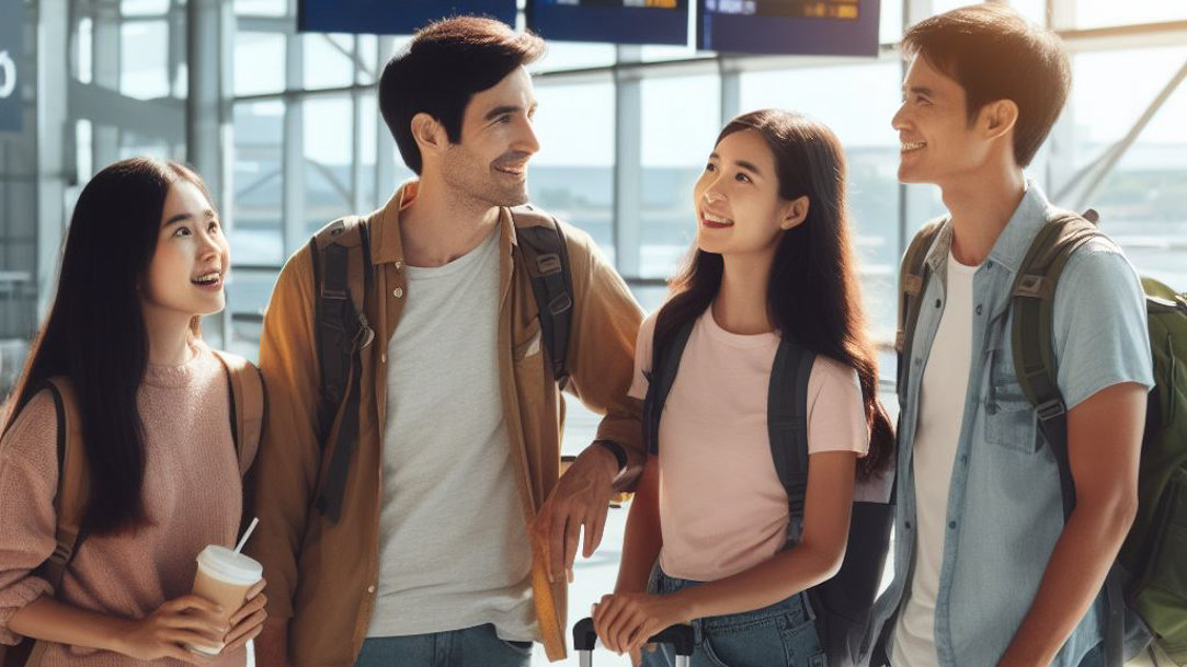 A group of people standing at an airport with luggage