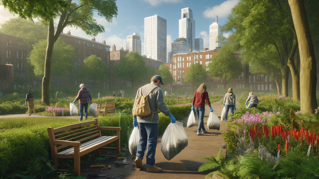 A group of volunteers cleaning up litter in an urban park