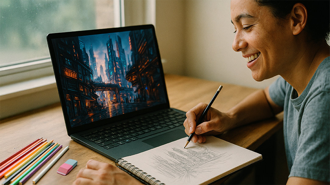 A happy artist sketching a cyberpunk cityscape inspired by an AI image generator