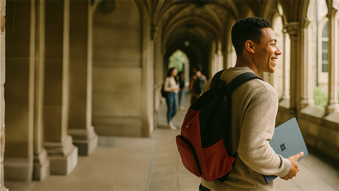 A happy, confident student walking through campus after using AI learning for a tough assignment