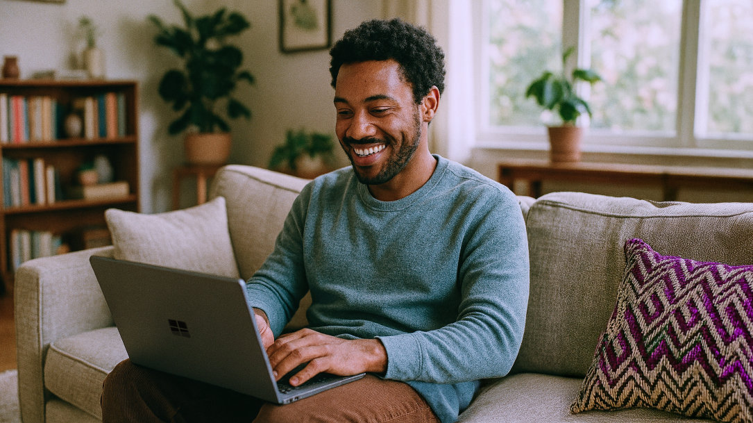 A happy person chatting with Copilot on a  Surface laptop in their living room