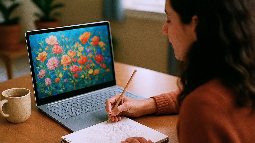 A happy person using AI design tools to supplement their sketching