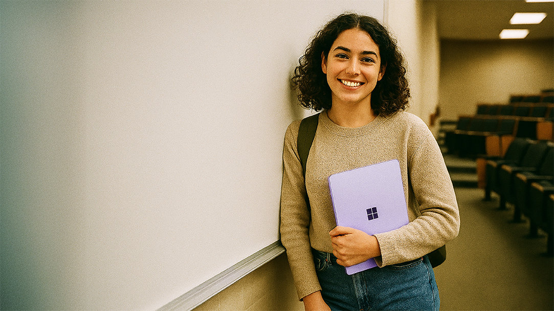 A happy student leaning against a whiteboard in a university classroom and holding a Windows Surface laptop under their arm
