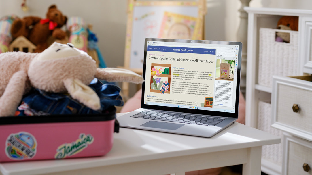 A laptop in a child’s bedroom showing Microsoft Edge with sidebar open