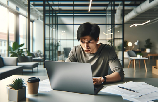 A laptop user realizing his device has a virus