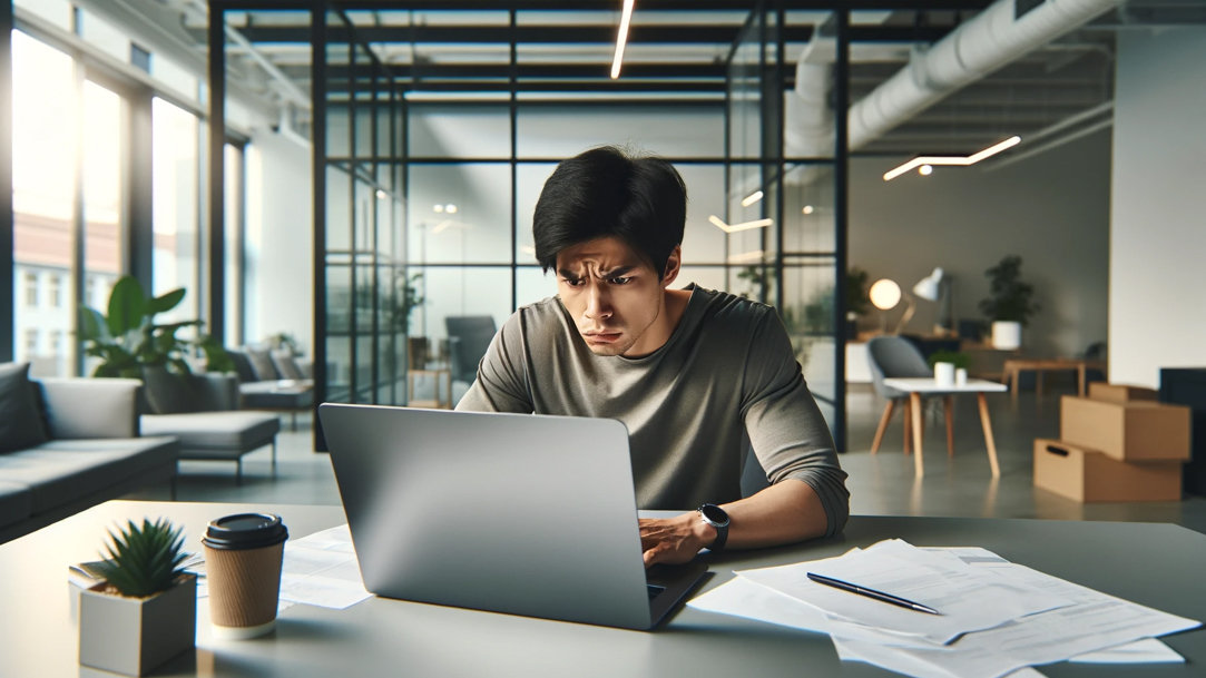 A laptop user realizing his device has a virus