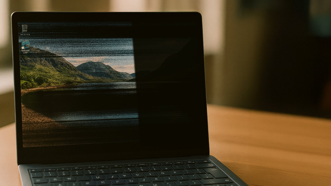 A laptop with a glitchy display