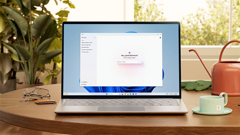 Ноутбук із символом ОС Windows 11 «Динамічна квітка» на екрані лежить на світло-блакитній поверхні