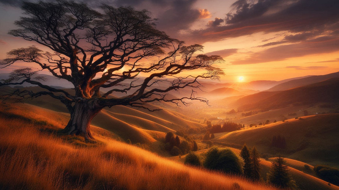 A large tree on a hilltop with the sun setting behind it