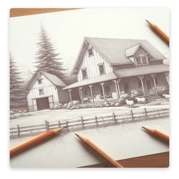 A light pencil sketch of a farmhouse