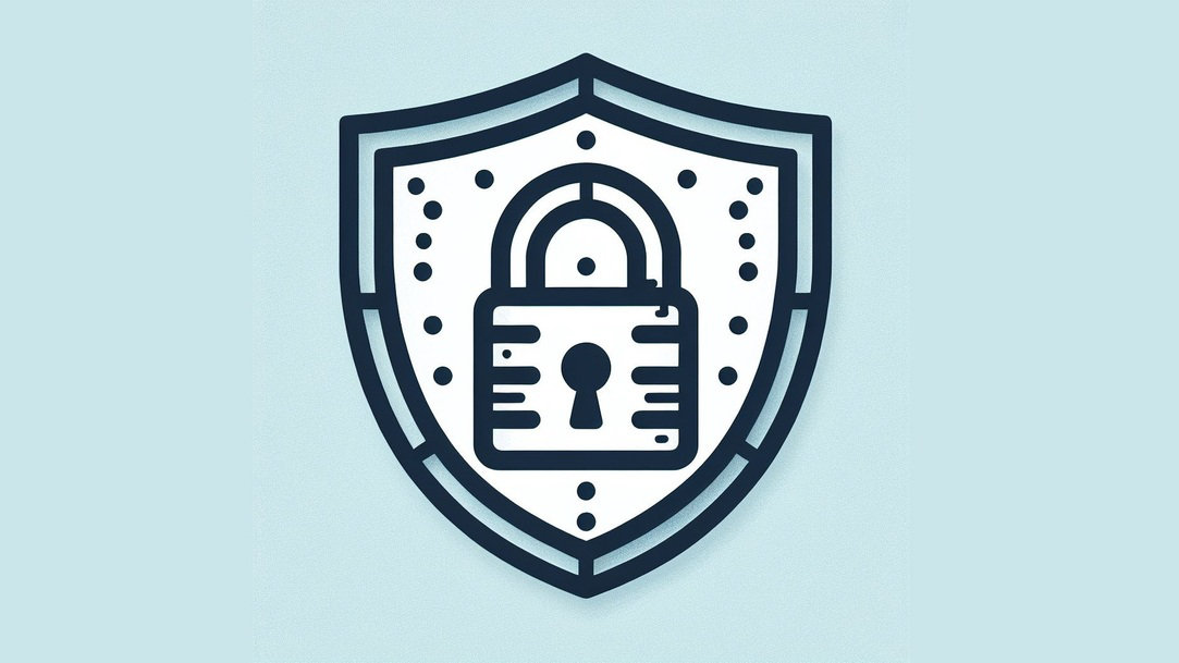 A lock symbol is centered on a shield with a dark blue outline and a light blue background