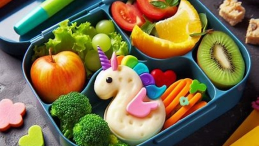 A lunchbox with fruits, veggies, and a sandwich in the shape of a unicorn