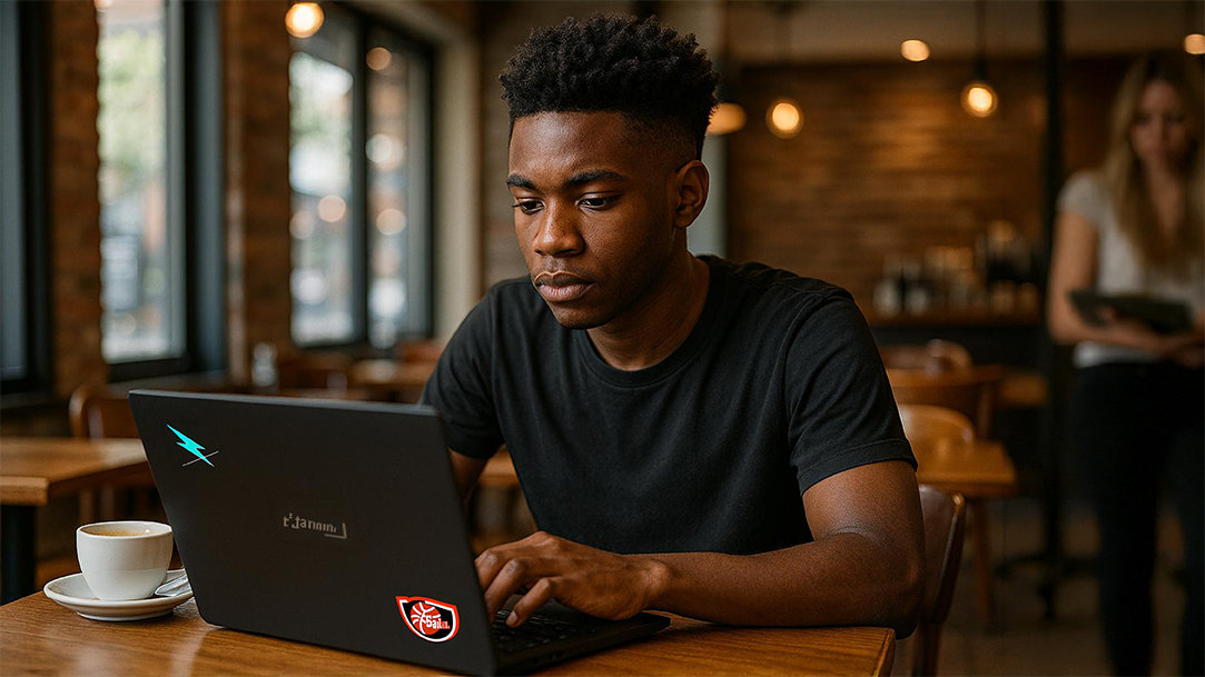 A male in a coffeeshop exploring antivirus protection options on his computer