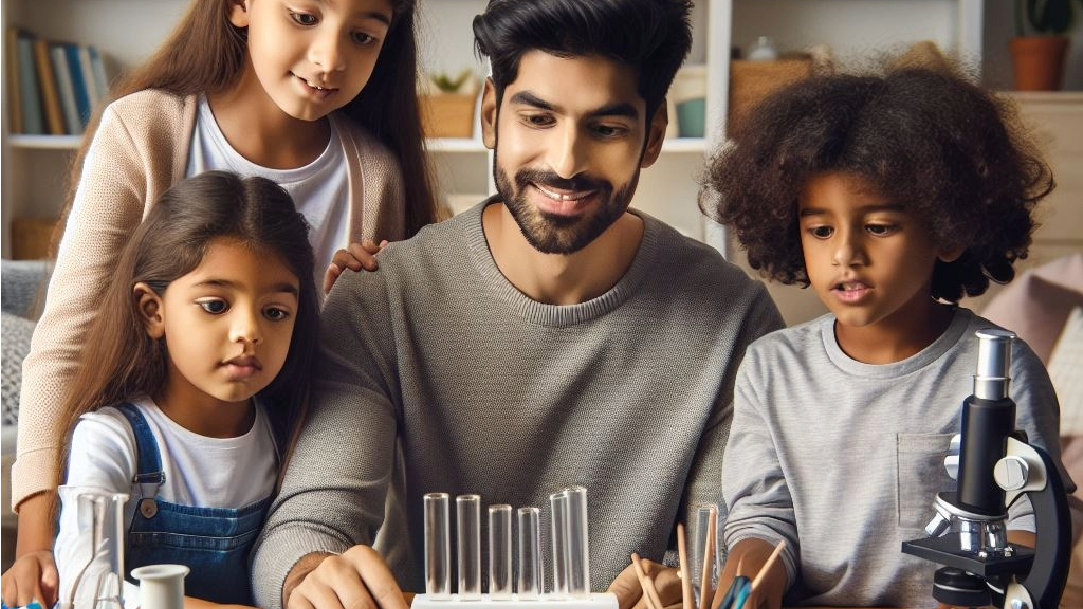 A man and three children looking at test tubes sitting on a desk with other scientific objects