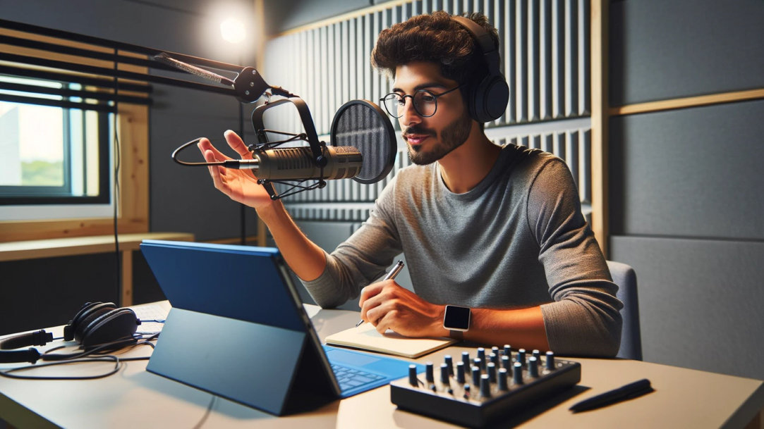 A man at a microphone creating a podcast