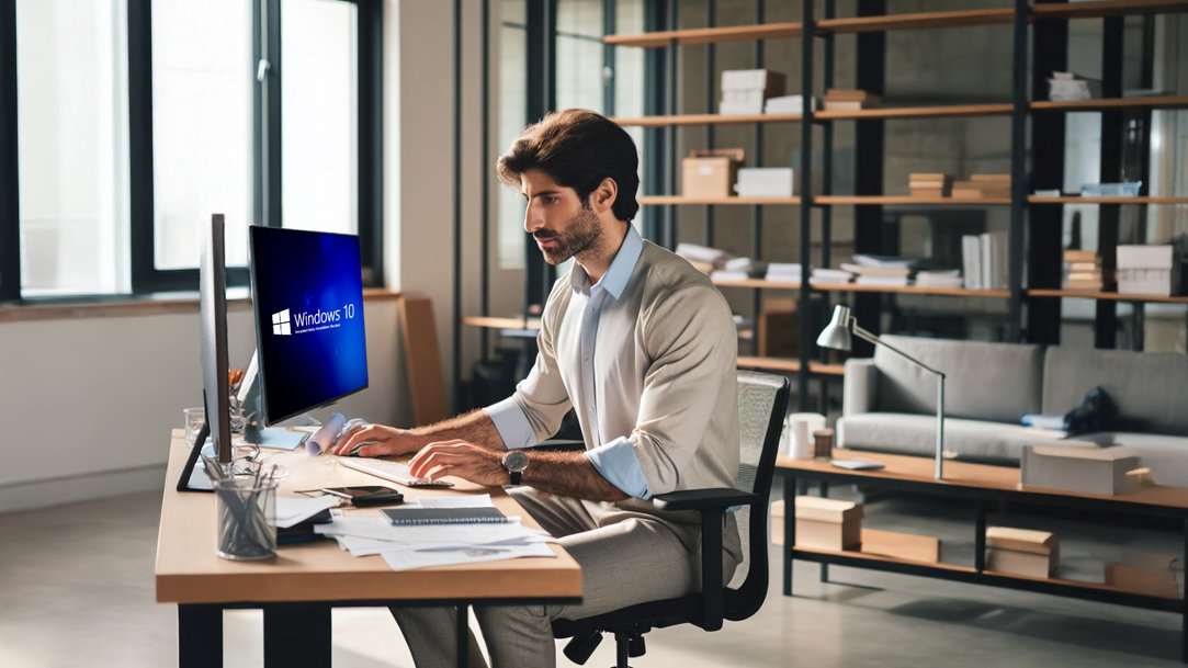 A man at his office desk on computer