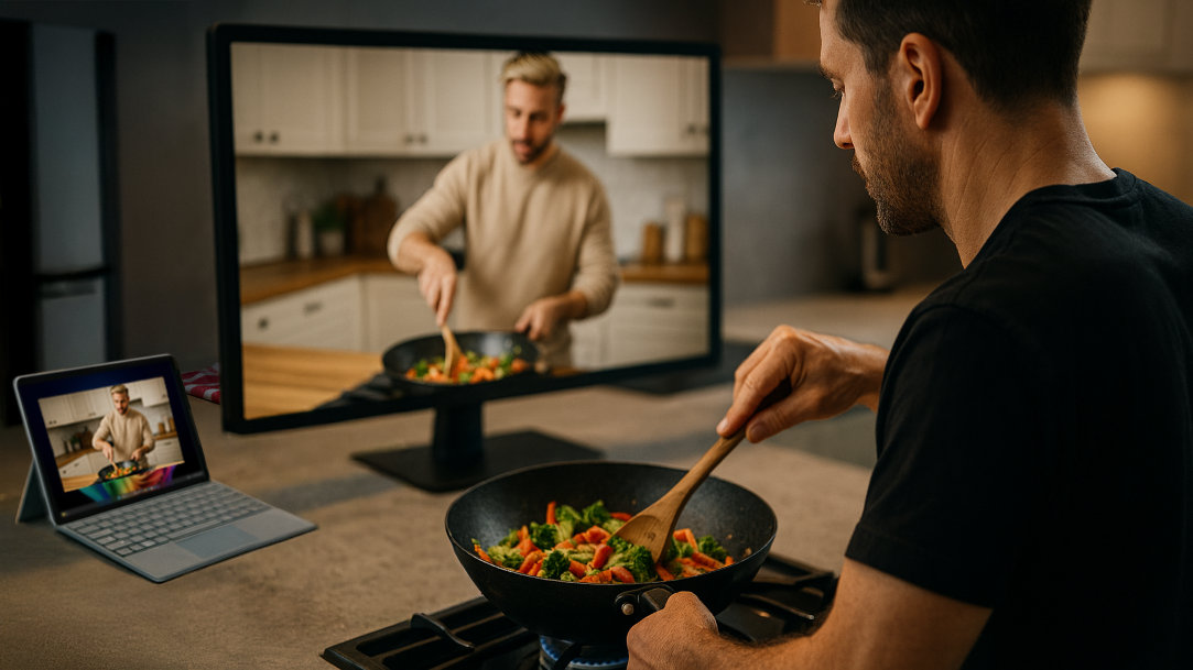 A man cooking stir fry while watching a cooking show on a TV via Windows screen sharing from a Windows PC 2-in-1 laptop