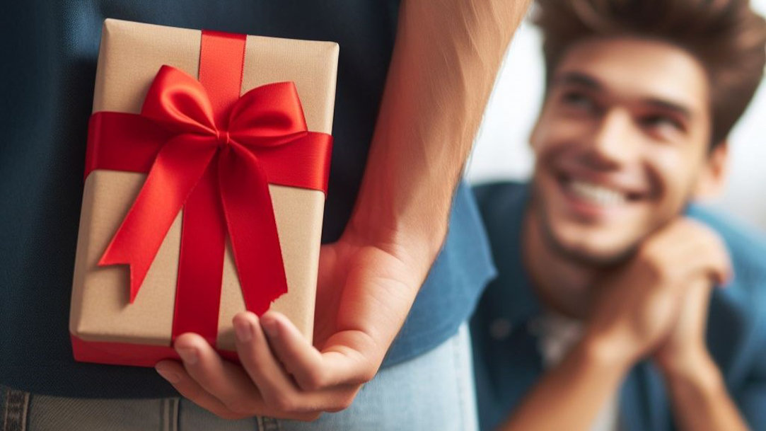 A man holding present behind his back, ready to give it to his partner, who’s excited for the surprise.