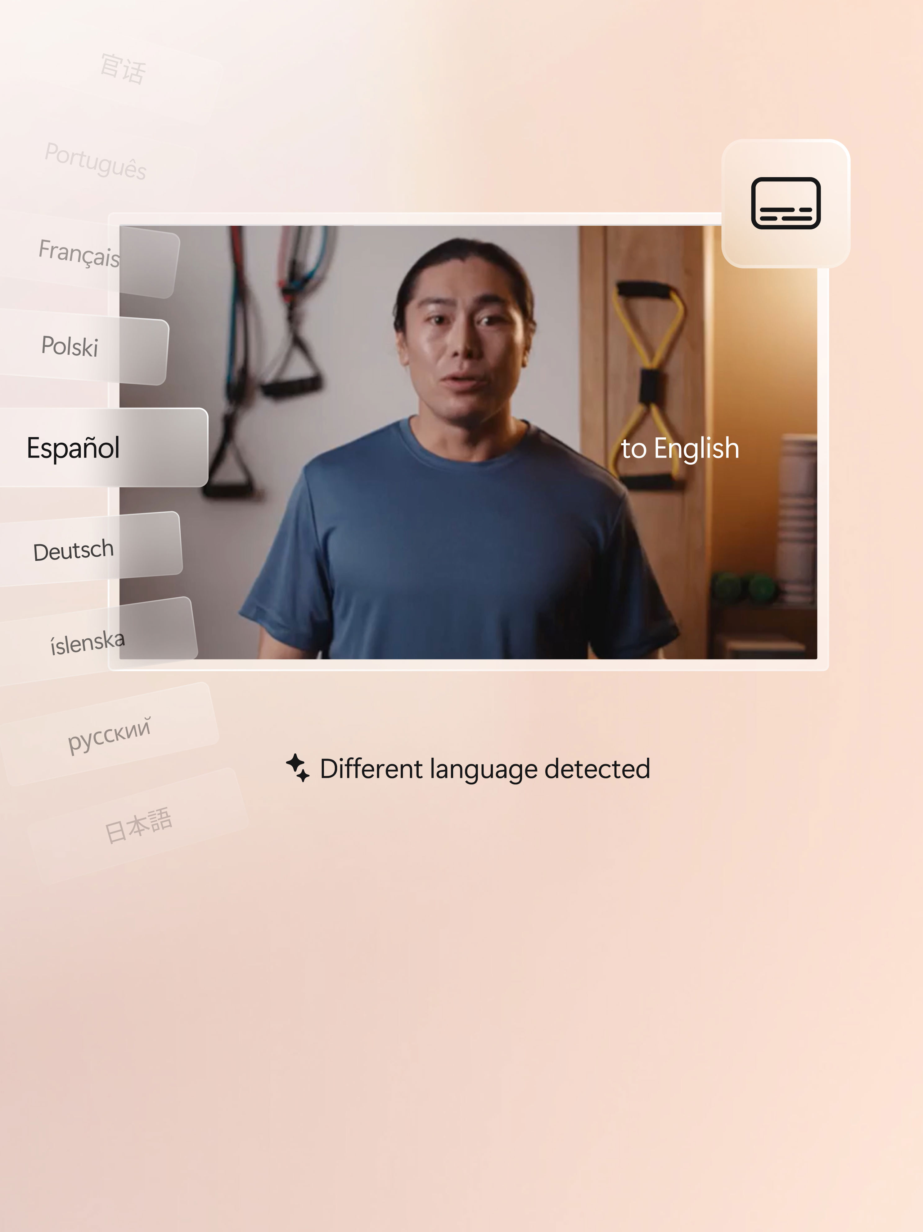 En man i ett videosamtal håller upp sin hand och flera olika språk visas runt omkring honom