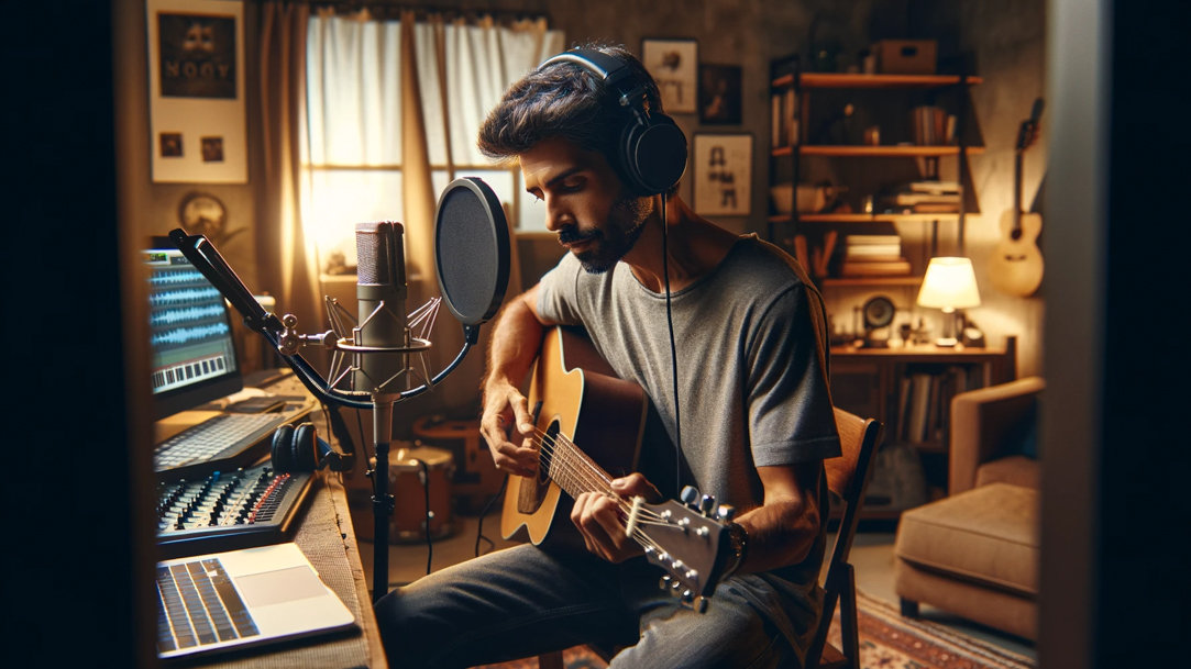 A man playing guitar in a home music studio