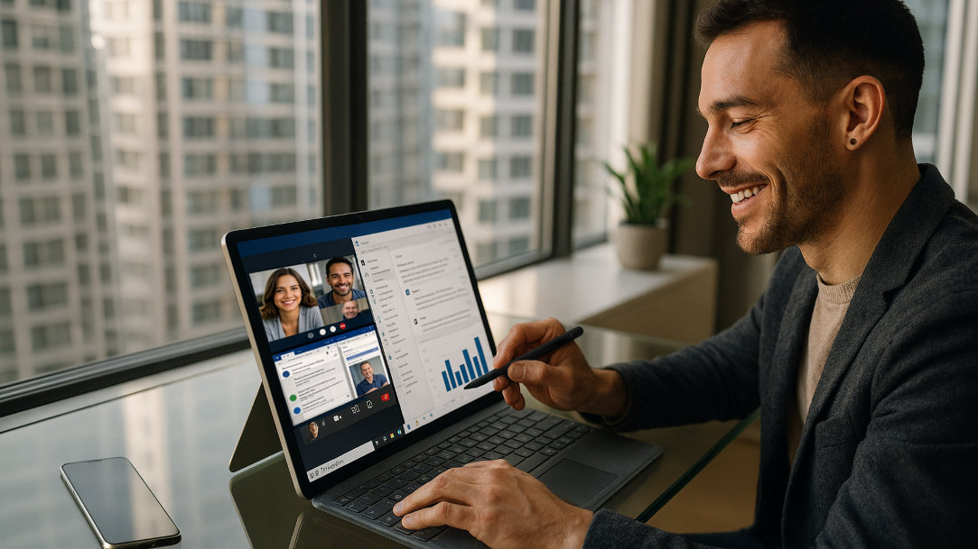 A man seated at a desk, working on a Surface Pro with a split-screen display featuring a web conference on one side and a chart on the other