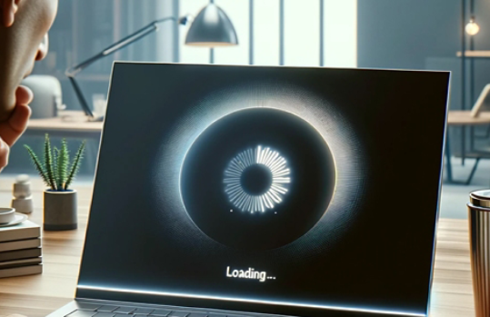 A man sitting at a desk while waiting for his laptop to finish loading its screen content