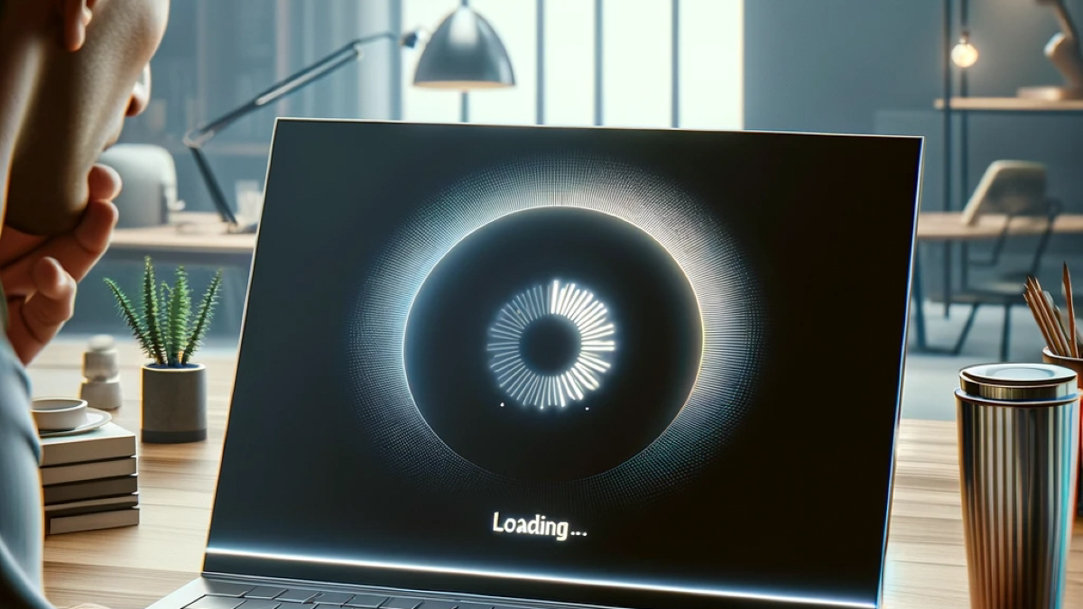 A man sitting at a desk while waiting for his laptop to finish loading its screen content