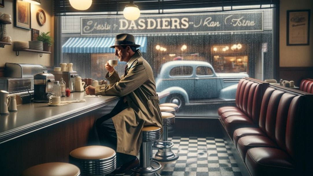 A man sitting at a diner set in the 1940s 