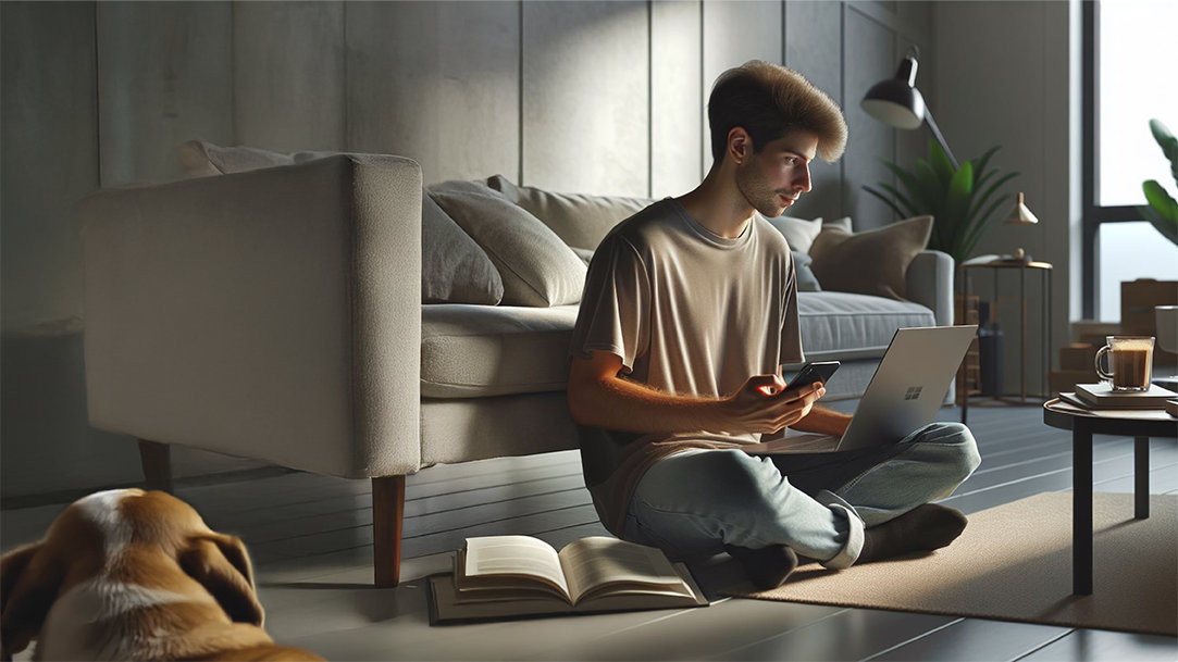 A man sitting on the floor pairing a phone and Windows PC with the Phone Link app