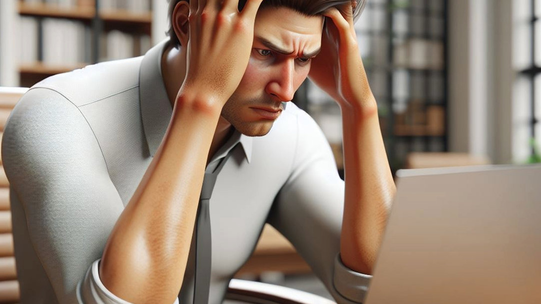 A man staring at a laptop grasping his head with a look of frustration on his face