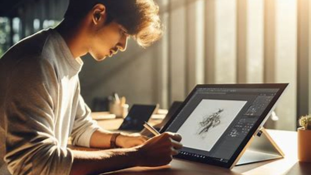 A man using a digital pen to draw on an all-in-one computer screen