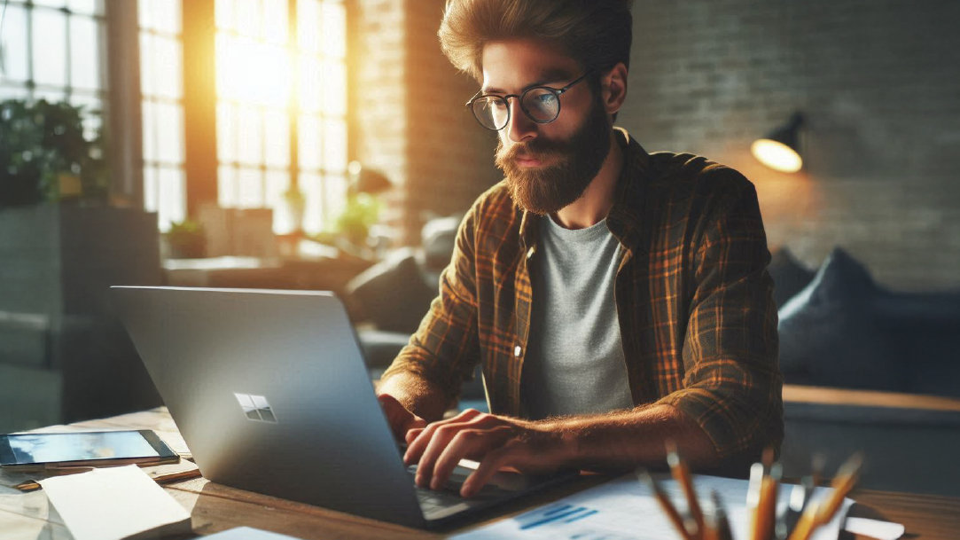 A man with a beard in a plaid shirt working at a desk on a laptop