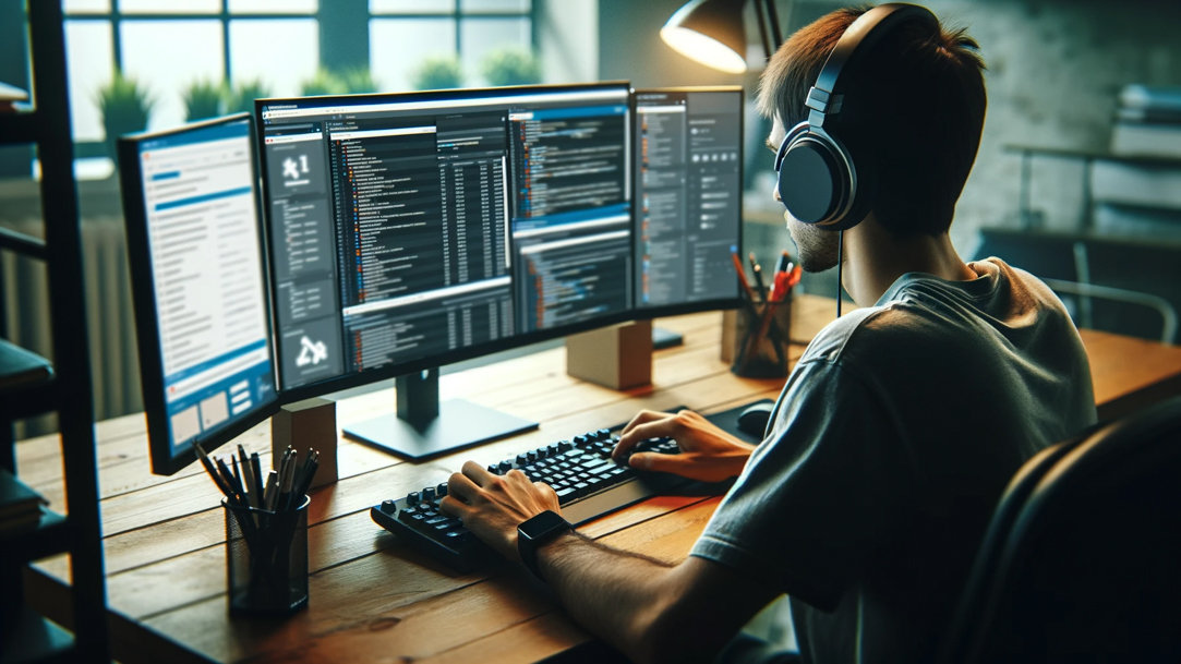 A man with headphones in front of a computer with a lot of tabs open