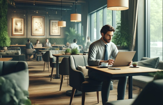 A man working on a laptop in a lounge