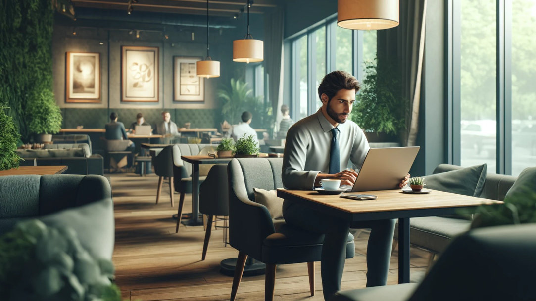 A man working on a laptop in a lounge